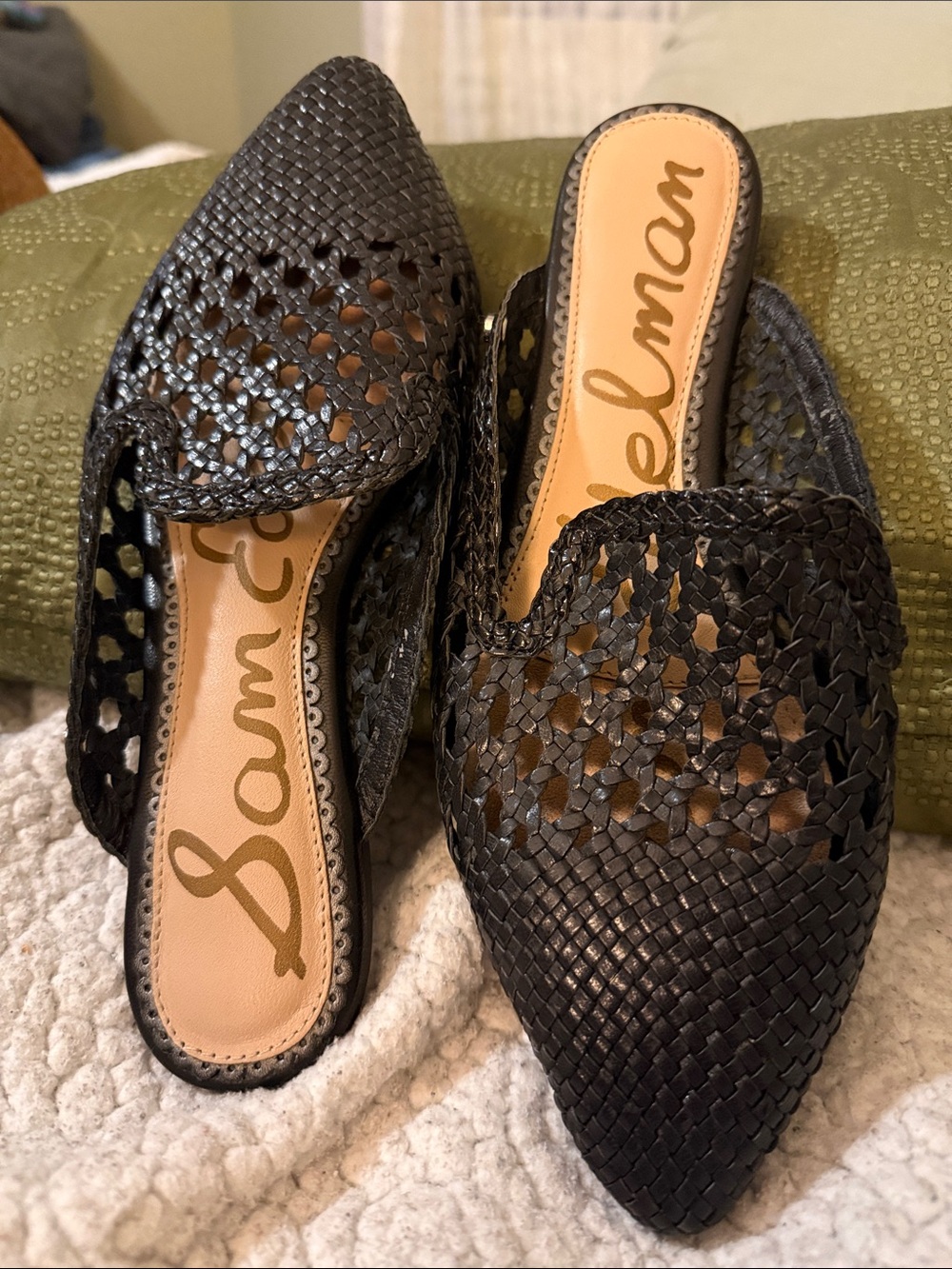 Sam Edelman Black Woven Pointed Slip-On Mules